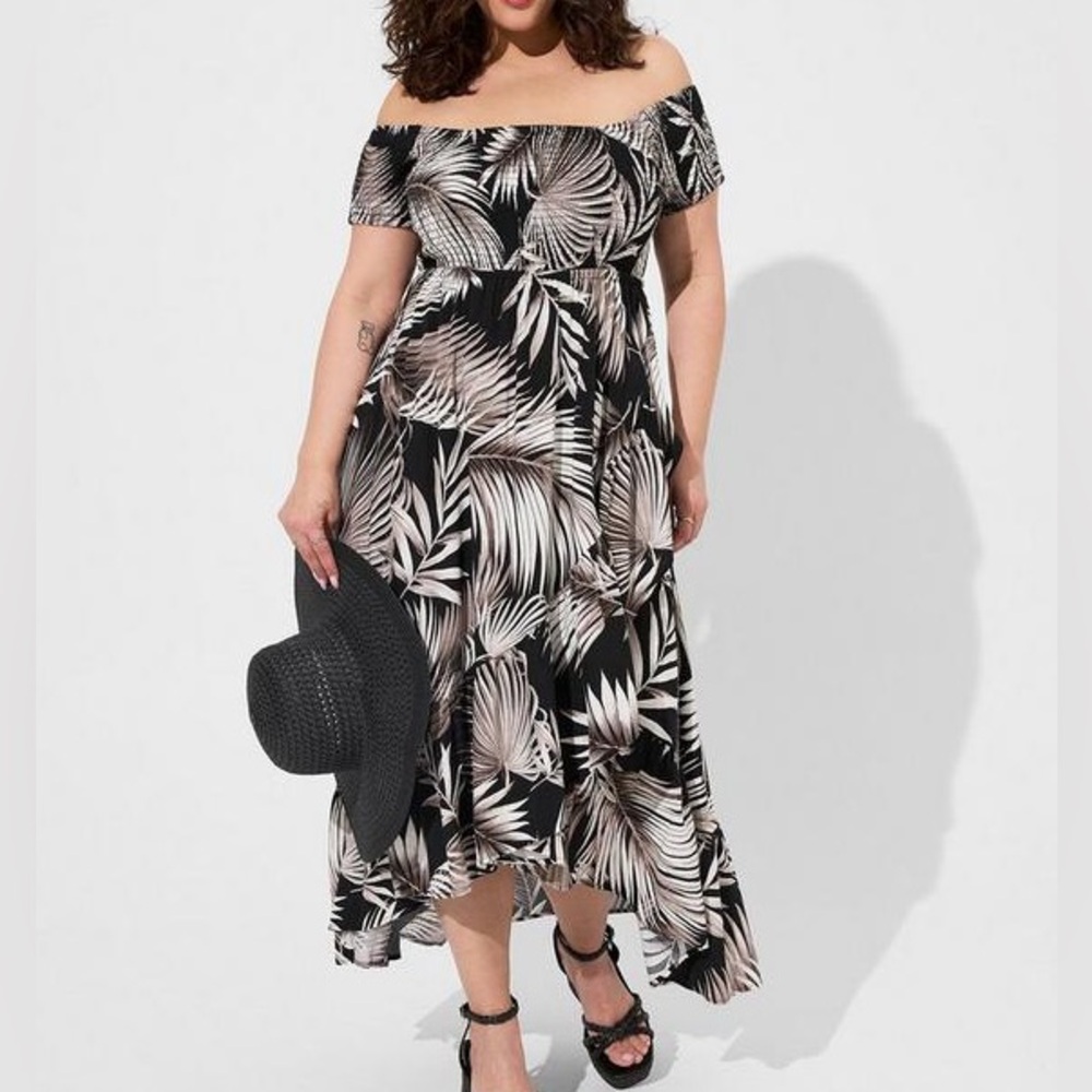 Torrid Maxi Challis Off Shoulder Tulip Hi-Low Dress
